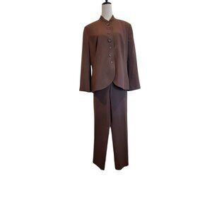 J. JILL SZ 14 2-Piece Stretch Pant Suit Mandarin Collar in Mocha Brown